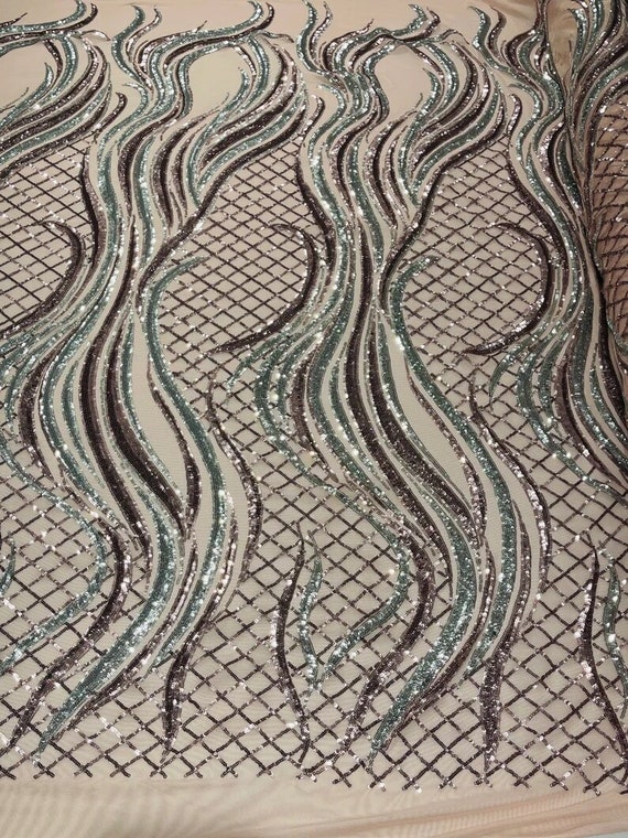 Flame Design with Sequins Embroider on a 4 Way Stretch Mesh Fabric-Sold by The Yard. Dusty Pink Silver