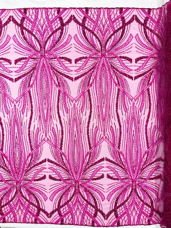 Fuchsia Palm Beaded Lace Fabric, Heavy Embroidered Design on 58" Mesh for Dresses