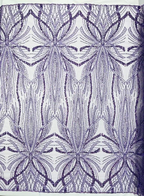 Lilac Palm Beaded Lace Fabric, Heavy Embroidered Design on 58" Mesh for Dresses