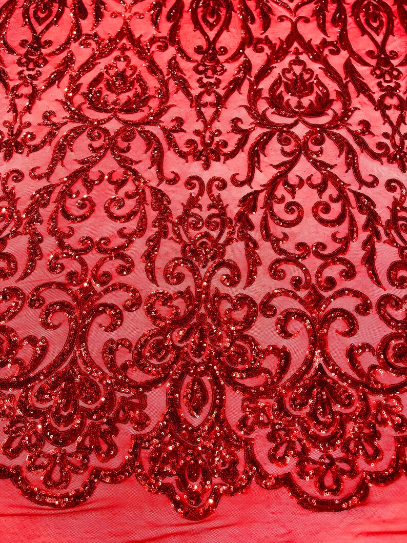 Red Shiny King Demask Sequin Design on a 4 Way Stretch Mesh Fabric-prom ...
