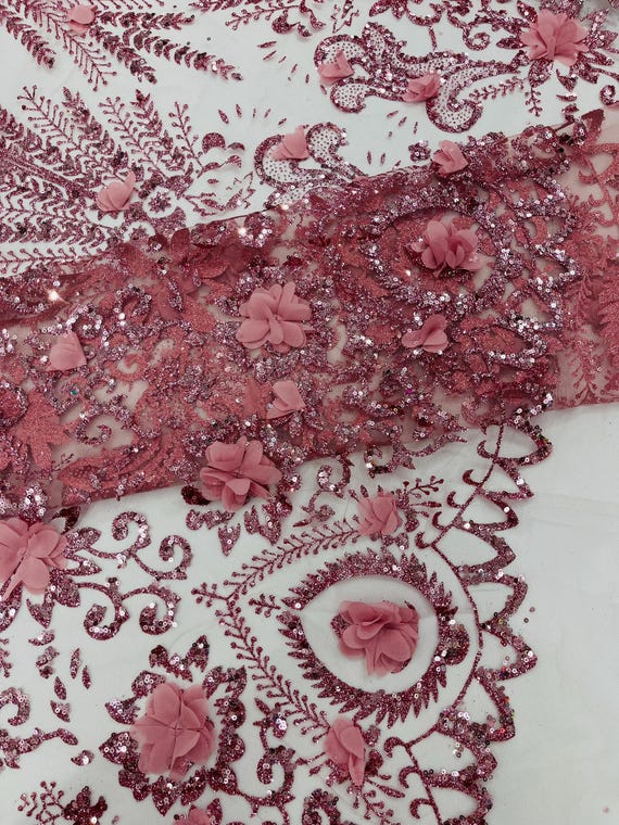 Dusty Pink Floral 3D Palm Damask with glitter in a Mesh Lace- Sold by the yard.