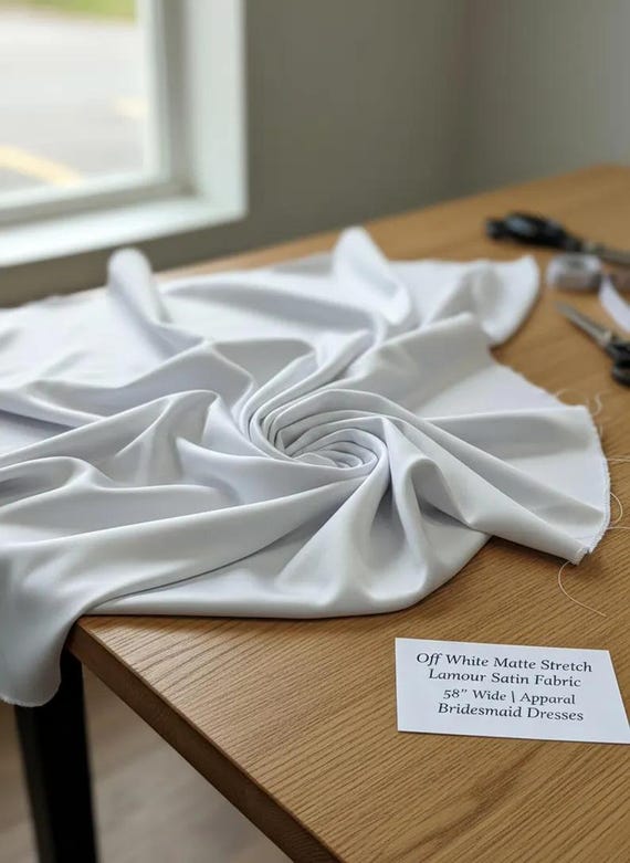Off White Satin Matte Stretch Lamour Fabric, 58" Wide for Apparel.