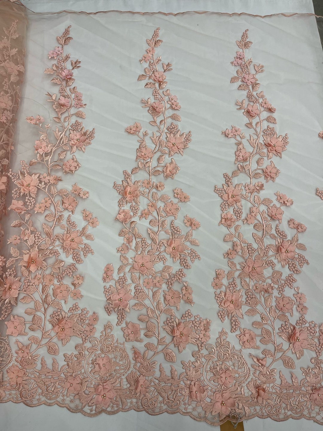 Blush pink 3D floral Vine Design Embroider and heavy beading on a mesh lace-sold by the yard. main image 0