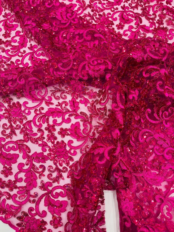 Fuchsia Metallic Corded Flowers Embroider With Sequins On a Mesh Lace Fabric- Sold By The Yard.