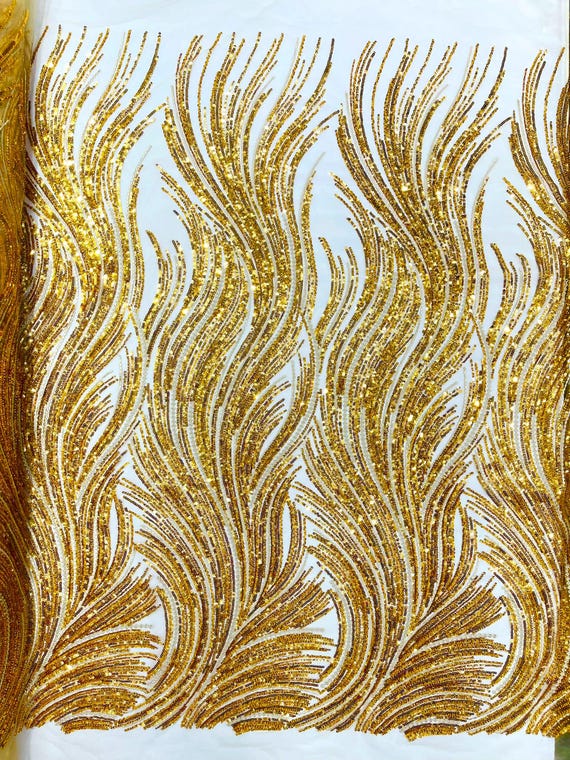 Gold  Luxury Flame Beaded Lace Fabric| Prom| Wedding| By The Yard.