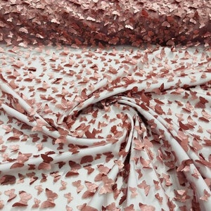 3D Butterfly Metallic Design Embroider On a Mesh Fabric - Sold By the Yard . Mauve