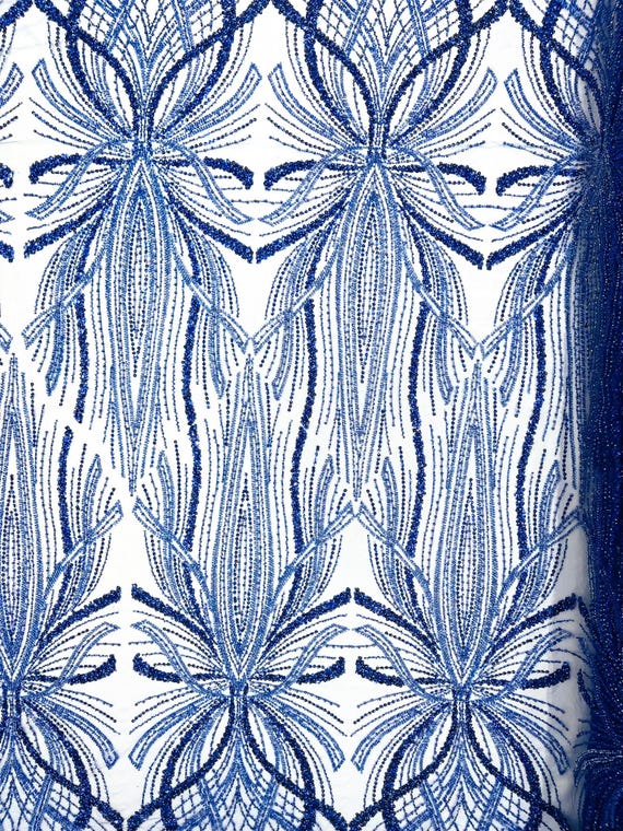Royal Blue Palm Beaded Lace Fabric, Heavy Embroidered Design on 58" Mesh for Dresses