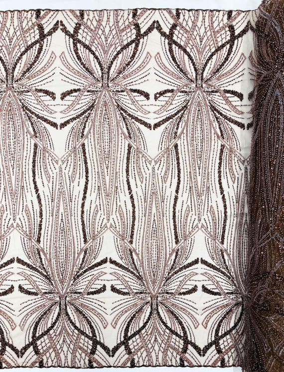 Brown Palm Beaded Lace Fabric, Heavy Embroidered Design on 58" Mesh for Dresses