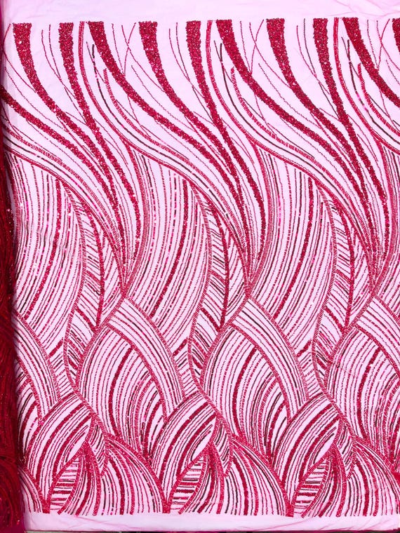 Fuchsia Luxury Feather Damask Beaded Lace Fabric| Prom| Wedding| By The Yard.