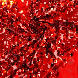 Red Round Sequin Paillette On Red Mesh Fabric/ 54 Inches Wide/Cosplays Fabric/Prom/Backdrops.
