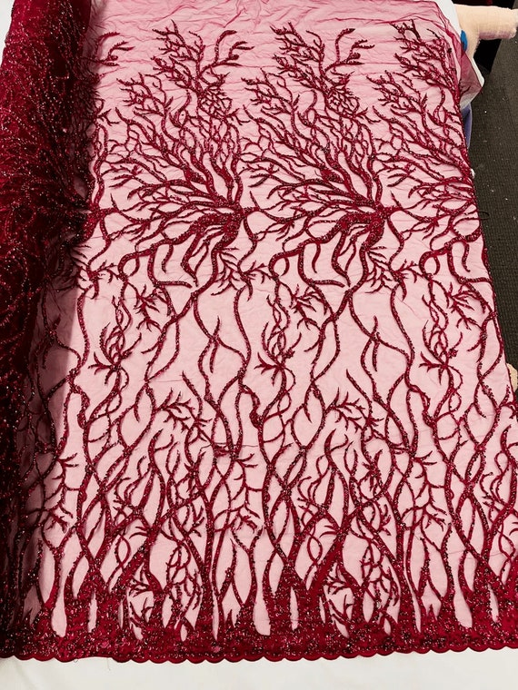 Vine Design Embroider and Heavy Beading On a Mesh Lace-Sold By the Yard. Burgundy