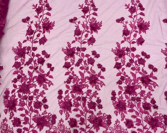 Fuchsia Princess 3D Floral Design Embroider and Beaded With Pearls On a Mesh Lace-Prom-Dresses-Nightgown-Apparel-Fashion-Sold by Yard.
