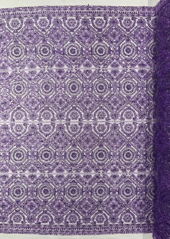 Lilac Geometric Beaded Lace Fabric, Heavy Embroidered Mesh for Bridal and Evening Gowns