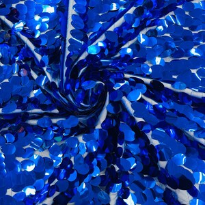 Royal Blue Jumbo Sequins Oval Sequin Paillette/Tear Drop Mermaid Big Sequins Fabric On Blue Mesh/ 54 Inches Wide.