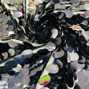 Black Holographic Iridescent Jumbo Sequins Oval Sequin Paillette/Tear Drop Mermaid Big Sequins Fabric On Black Mesh/ 54 Inches Wide.