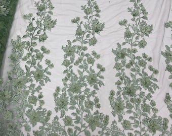 Sage Green Princess 3D Floral Design Embroider and Beaded With Pearls On a Mesh Lace-Prom-Dresses-Nightgown-Apparel-Fashion-Sold by Yard.
