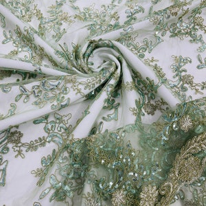 Sage Green Flower lace corded and embroider with sequins on a mesh- Sold by the yard
