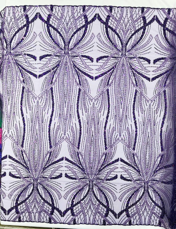 Purple Palm Beaded Lace Fabric, Heavy Embroidered Design on 58" Mesh for Dresses