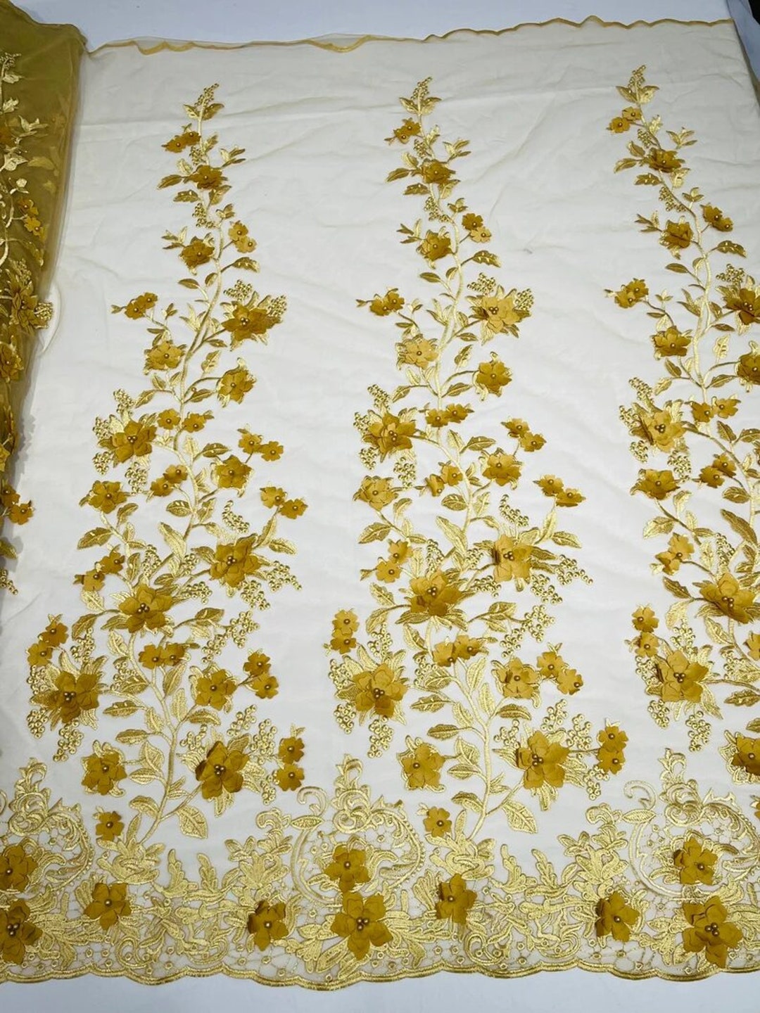 3D Floral Design Embroider with Pearls in a Mesh Lace-Sold by The Yard Red main image 1