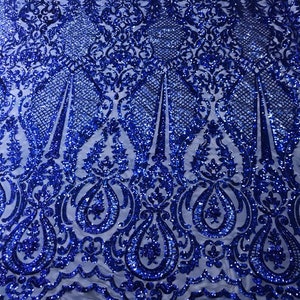 Princess Sequin Design on  4 Way Stretch Mesh Fabric-Prom-Sold By The Yard. Royal Blue