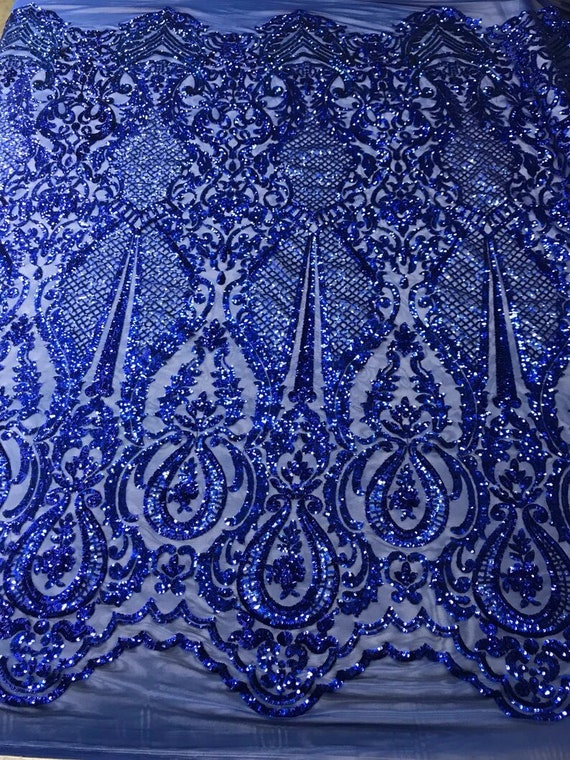 Princess Sequin Design on 4 Way Stretch Mesh Fabric-Prom-Sold By The Yard. Royal Blue