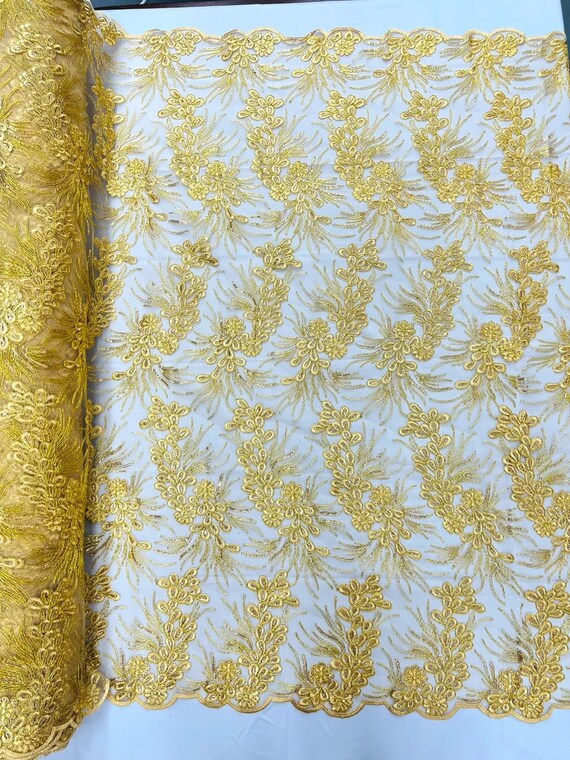 Feather Design Lace With Metallic Cord and Embroider With Sequins On a Mesh-Sold By The Yard. Gold