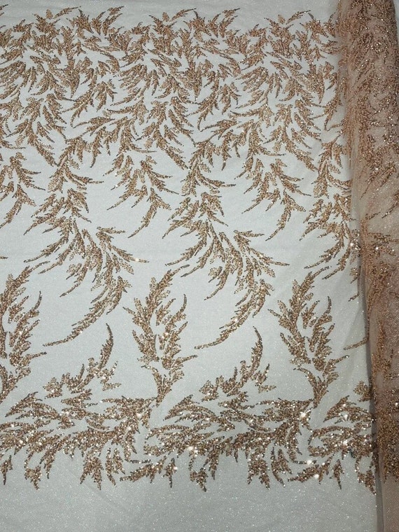 Elegant Hand Beaded Design Embroider on a Glitter Mesh Lace-Prom-Sold By The Yard. Blush Pink