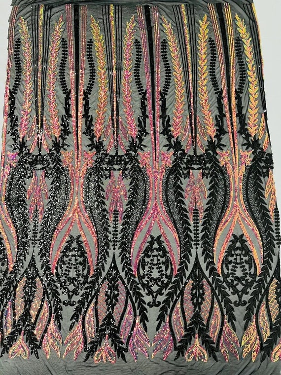 Two Tone Damask Design with Sequins Embroider on a 4 Way Stretch Mesh Fabric-Sold by The Yard. Rainbow Black