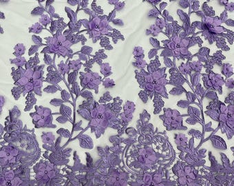 Lavender Princess 3D Floral Design Embroider and Beaded With Pearls On a Mesh Lace-Prom-Dresses-Nightgown-Apparel-Fashion-Sold by Yard.