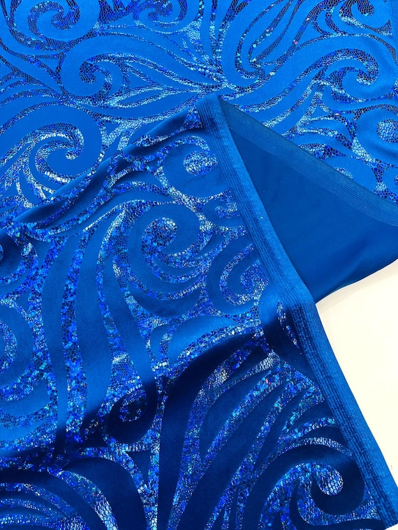 Royal Blue Holographic Foil Tribal Flame Design On A Stretch Velvet Fabric. By The Yard