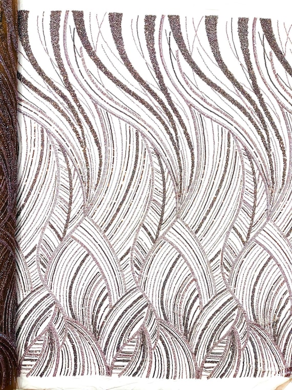 Brown Luxury Feather Damask Beaded Lace Fabric| Prom| Wedding| By The Yard.