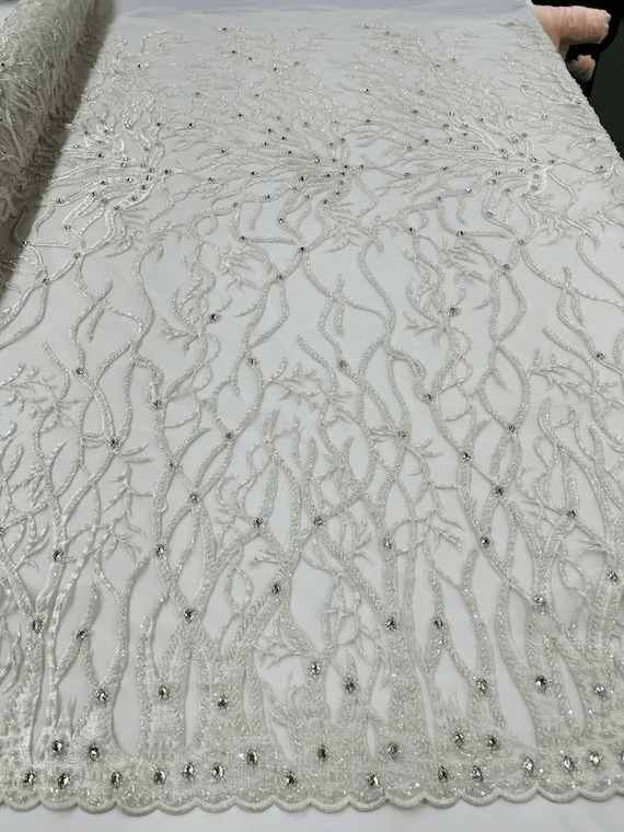 Vine Design Embroider and Heavy Beading On a Mesh Lace-Sold By the Yard. Off White