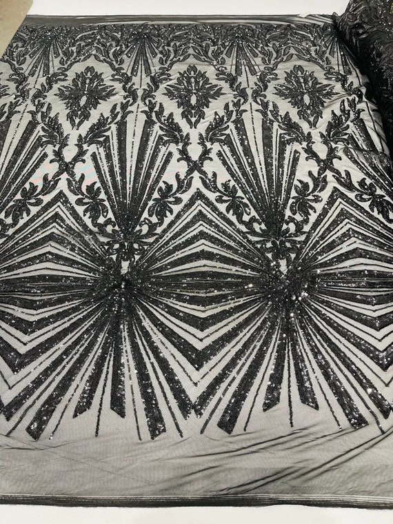 Diamond Damask Design on a 4 Way Stretch Mesh-Prom-Sold by The Yard. Black