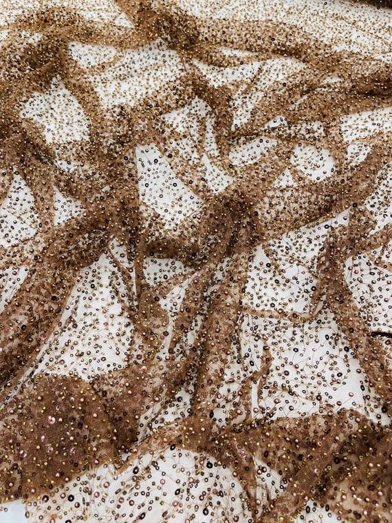 Brown All Over Luxury Beaded Mesh with Pearls, Sequins for Wedding Dresses, Prom Gowns