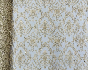 Damask embroider with sequins and heavy beaded on a mesh lace fabric-sold by the yard- Champagne