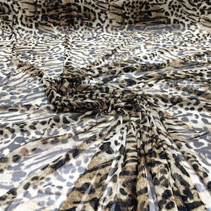 Sheer Exotic Leopard Design Print on Power Mesh 4-Way Stretch 58/60” Sold By the Yard Brown Tan