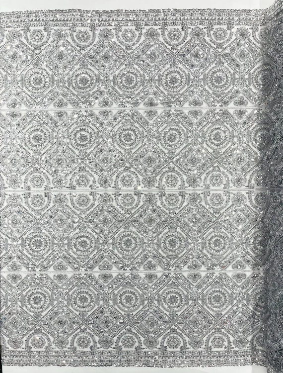 Silver Geometric Beaded Lace Fabric, Heavy Embroidered Mesh for Bridal and Evening Gowns