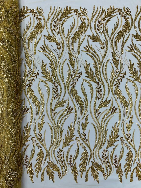 Gold Luxury Festival Beaded Vine Lace Fabric, Sold by The Yard.