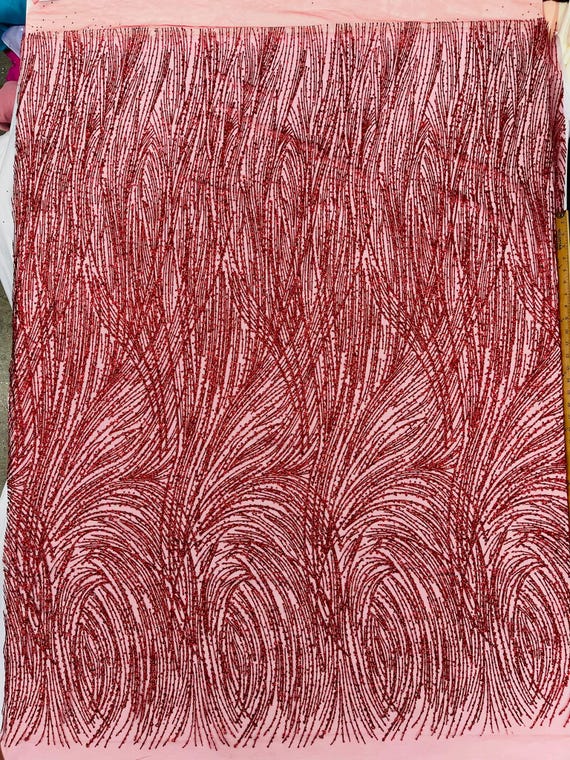 Dark Red Fashion Glitter Design On A Mesh Lace Fabric/Prom.