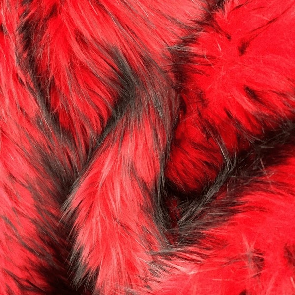 Husky Faux Fur, 2 Tone Shaggy Faux Fur. Sold By The Yard. 60" Wide. Red/Black