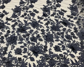 Navy Blue Princess 3D Floral Design Embroider and Beaded With Pearls On a Mesh Lace-Prom-Dresses-Nightgown-Apparel-Fashion-Sold by Yard.
