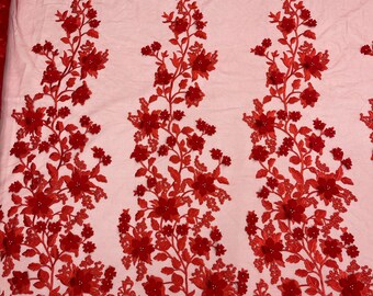 3D Floral Design Embroider and Beaded With Rhinestones on a Mesh Lace-Prom-Fashion-Sold by Yard. Red