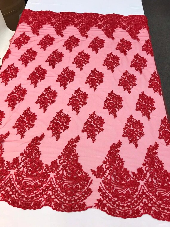Floral Design Embroider and Corded On a Mesh Lace Fabric-Sold By The Yard. Red