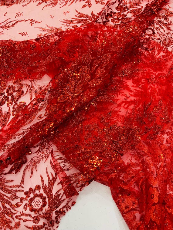 Red Big Glitter Damask Design On A Mesh Lace Fabric/Prom/Sold By The Yard