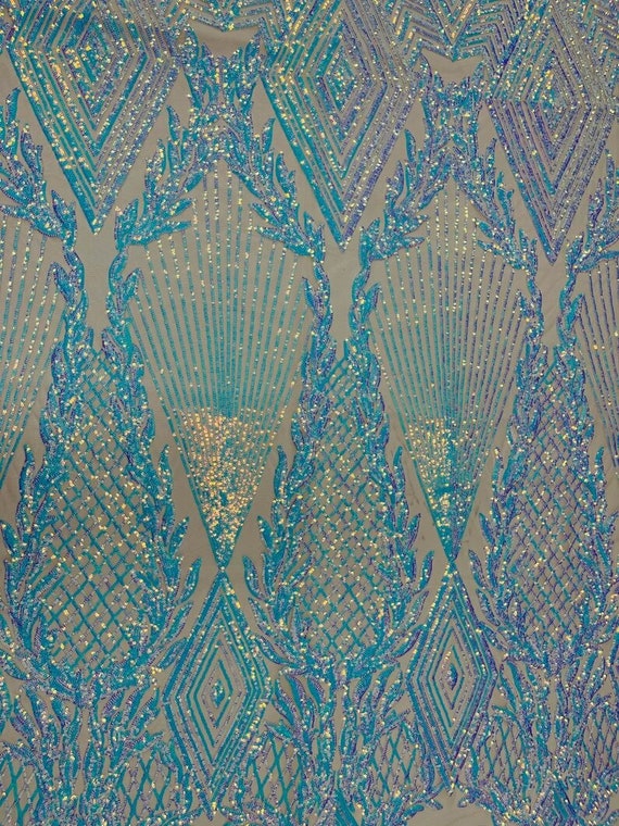 Geometric Diamond Design with Shiny Sequins On a 4 Way Stretch Mesh-Dresses-Prom-Nightgown-Sold By The Yard- Clear Nude