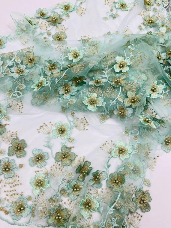 Mint Green Multi Color 3D Floral Design Embroider with Pearls in a Mesh Lace -Sold by the yard.