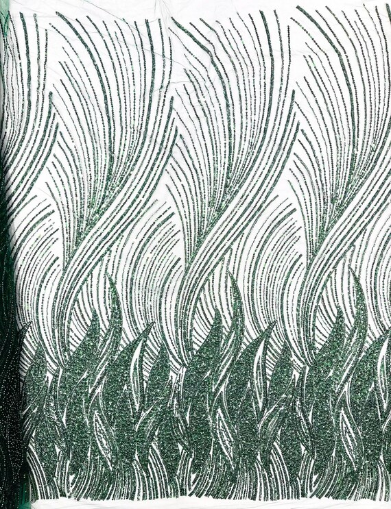 Hunter Green Flame Fashion Beaded Lace Fabric| Prom| Wedding| By The Yard.