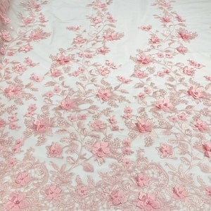 3D floral design embroider with pearls in a mesh lace-sold by the yard. White main image 0