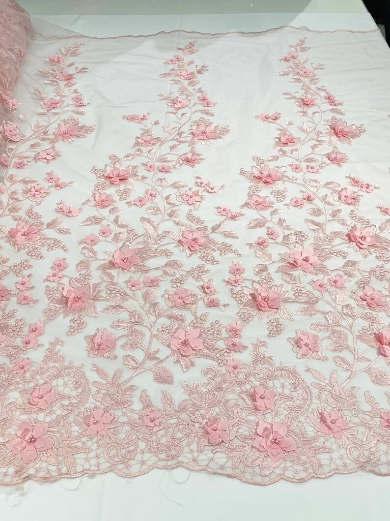 3D Floral Design Embroider with Pearls in a Mesh Lace-Sold by The Yard Black main image 1