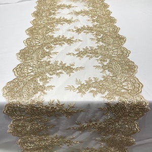 14&quot;Wide X 90&quot;Long Sequins Gold Metallic Embroidered Lace on Mesh Fabric, Trim Lace, Table Runner- Champagne Gold